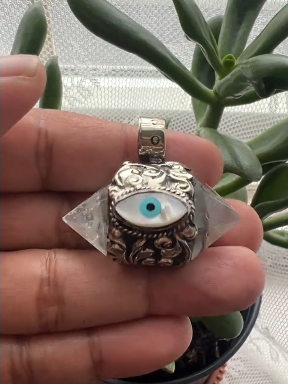 Double Terminated Clear Quartz Crystal Evil Eye 🧿 Pendant, Boho, Witchy, Hippie